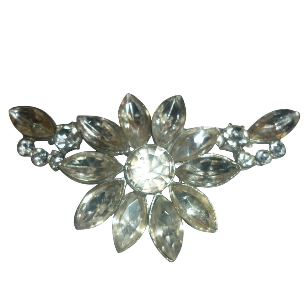Vintage 1950s Clear Rhinestone Starburst Flower Brooch Marquise Winged Spray Pin